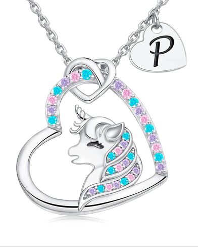 THECEROS Valentines Day Gifts for Girls - Unicorns Heart Pendant Sterling Silver Necklaces for Girl Jewelry 18K White Gold Plated Colorful CZ Initial Necklace Birthday Gifts for Daughter Niece Teen in Saudi Arabia