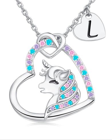 THECEROS Valentines Day Gifts for Girls - Unicorns Heart Pendant Sterling Silver Necklaces for Girl Jewelry 18K White Gold Plated Colorful CZ Initial Necklace Birthday Gifts for Daughter Niece Teen in Saudi Arabia