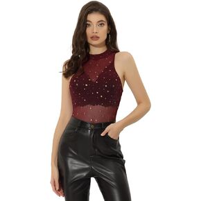 قميص Allegra K Star Mesh قصير للنساء برقبة وهمية معدنية بدون أكمام شفاف من خلال الجزء العلوي للحفلات