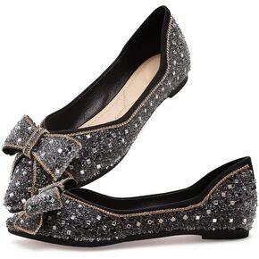 Haoxiezi Women's Pointed Rhinestone Flat Shoes Glitter Flowers Wedding Comfortable Dress Shoes
