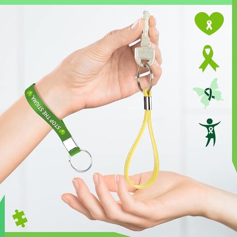 60 Pcs Mental Health Awareness Silicone KeyChain Green Awareness Ribbon KeyChain Rubber Green Awareness KeyRings for Cerebral Palsy, Glaucoma, Liver Cancer, and Organ Donation for Men Women in Saudi Arabia