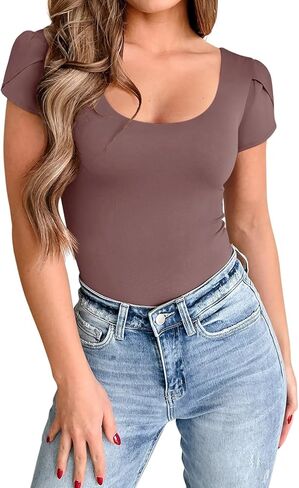 تي شيرت نسائي من PINKMSTYLE برقبة سكوب وأكمام قصيرة ورقبة توليب لطيفة ببطانة مزدوجة تي شيرت صيفي أساسي غير رسمي in Kuwait