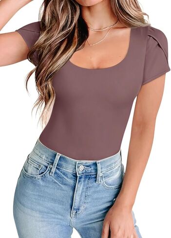 تي شيرت نسائي من PINKMSTYLE برقبة سكوب وأكمام قصيرة ورقبة توليب لطيفة ببطانة مزدوجة تي شيرت صيفي أساسي غير رسمي in Kuwait