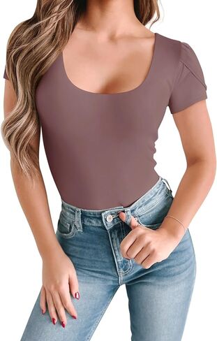 تي شيرت نسائي من PINKMSTYLE برقبة سكوب وأكمام قصيرة ورقبة توليب لطيفة ببطانة مزدوجة تي شيرت صيفي أساسي غير رسمي in Kuwait