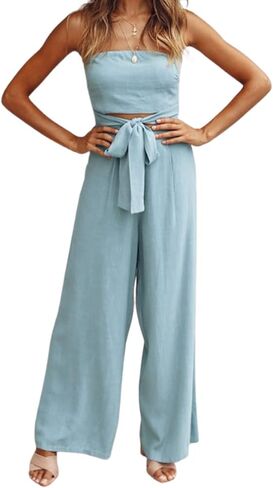 utcoco Women's Summer Sexy Jumpsuit Strapless Off Shoulder Tie Waist Wide Leg Pants Rompers in Saudi Arabia