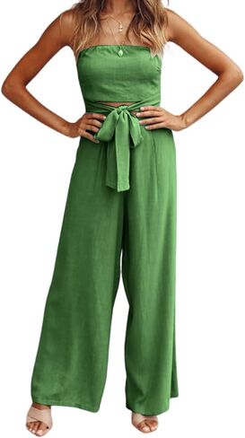 utcoco Women's Summer Sexy Jumpsuit Strapless Off Shoulder Tie Waist Wide Leg Pants Rompers in Saudi Arabia