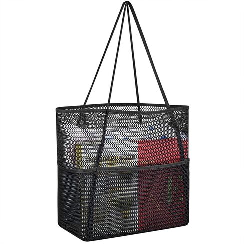 Mesh Beach Bag with Multiple Pockets for Women, Beach Tote Bag Ideal for Your Family Beach Trip, Lightweight Beach Accessories for Swimming Vacation Picnic - Black in Kuwait