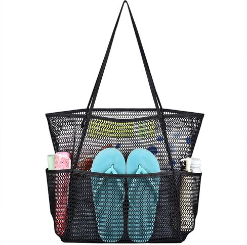 Mesh Beach Bag with Multiple Pockets for Women, Beach Tote Bag Ideal for Your Family Beach Trip, Lightweight Beach Accessories for Swimming Vacation Picnic - Black in Kuwait