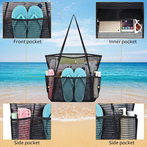 Mesh Beach Bag with Multiple Pockets for Women, Beach Tote Bag Ideal for Your Family Beach Trip, Lightweight Beach Accessories for Swimming Vacation Picnic - Black in Kuwait