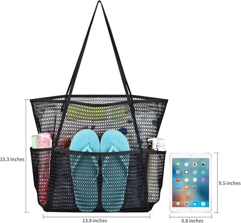 Mesh Beach Bag with Multiple Pockets for Women, Beach Tote Bag Ideal for Your Family Beach Trip, Lightweight Beach Accessories for Swimming Vacation Picnic - Black in Kuwait