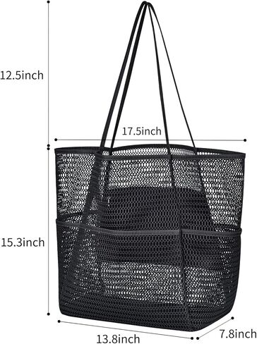 Mesh Beach Bag with Multiple Pockets for Women, Beach Tote Bag Ideal for Your Family Beach Trip, Lightweight Beach Accessories for Swimming Vacation Picnic - Black in Kuwait