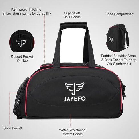حقيبة Jayefo Sports Duffle للسفر وصالة الألعاب الرياضية والتخييم والمبيت والرياضة - حقيبة ظهر للتخييم والمشي لمسافات طويلة - حجم قياسي - أسود وأحمر in Kuwait