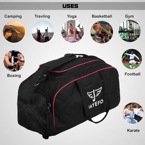 حقيبة Jayefo Sports Duffle للسفر وصالة الألعاب الرياضية والتخييم والمبيت والرياضة - حقيبة ظهر للتخييم والمشي لمسافات طويلة - حجم قياسي - أسود وأحمر in Kuwait