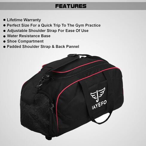 حقيبة Jayefo Sports Duffle للسفر وصالة الألعاب الرياضية والتخييم والمبيت والرياضة - حقيبة ظهر للتخييم والمشي لمسافات طويلة - حجم قياسي - أسود وأحمر in Kuwait