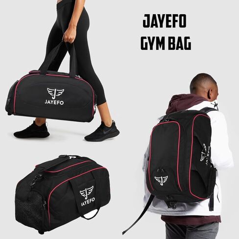 حقيبة Jayefo Sports Duffle للسفر وصالة الألعاب الرياضية والتخييم والمبيت والرياضة - حقيبة ظهر للتخييم والمشي لمسافات طويلة - حجم قياسي - أسود وأحمر in Kuwait