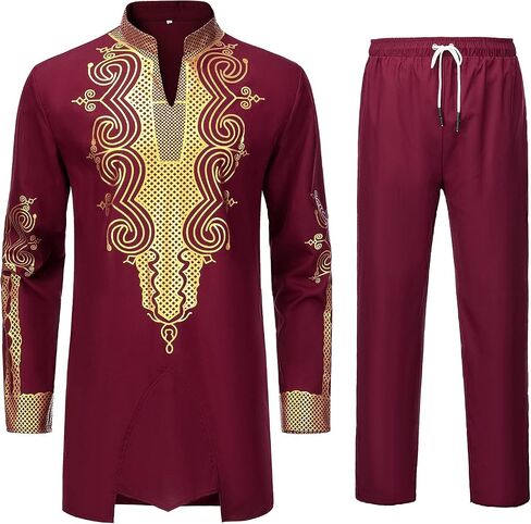 YND Men’s 2 Piece Dashiki Set African Outfit and Pants, Shirt with Gold Print in Saudi Arabia