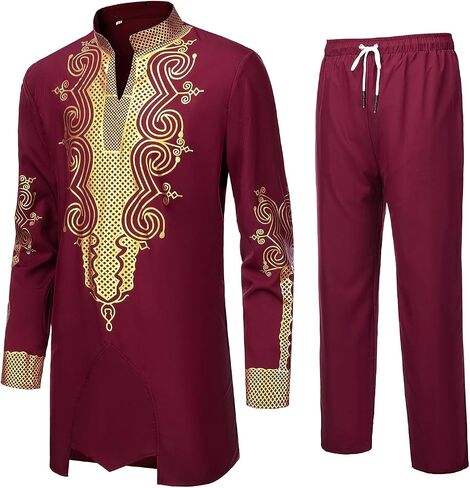 YND Men’s 2 Piece Dashiki Set African Outfit and Pants, Shirt with Gold Print in Saudi Arabia
