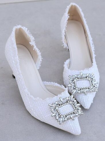 stylewe Bouclé Tweed Heels للنساء، حذاء مغلق من الأمام مثير بحجر الراين لحفلات الزفاف وحفلات الزفاف، كعب أنيق للنساء، كعب قطط للنساء in Kuwait