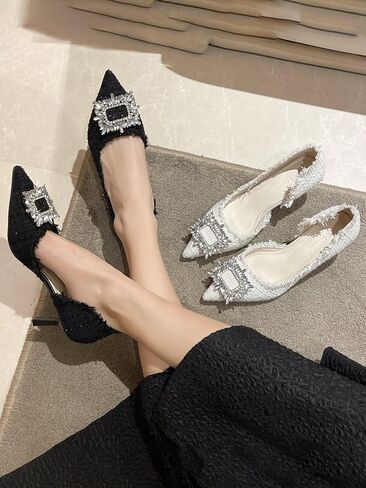 stylewe Bouclé Tweed Heels للنساء، حذاء مغلق من الأمام مثير بحجر الراين لحفلات الزفاف وحفلات الزفاف، كعب أنيق للنساء، كعب قطط للنساء in Kuwait