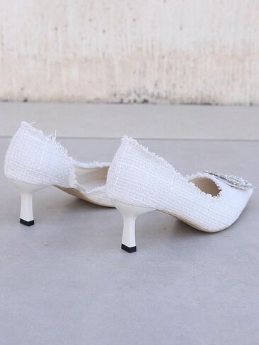 stylewe Bouclé Tweed Heels للنساء، حذاء مغلق من الأمام مثير بحجر الراين لحفلات الزفاف وحفلات الزفاف، كعب أنيق للنساء، كعب قطط للنساء in Kuwait