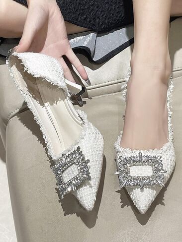 stylewe Bouclé Tweed Heels للنساء، حذاء مغلق من الأمام مثير بحجر الراين لحفلات الزفاف وحفلات الزفاف، كعب أنيق للنساء، كعب قطط للنساء in Kuwait