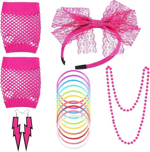 إكسسوارات فستان فاخر للنساء من 80 ثانية عصابة رأس من الدانتيل وأقراط نيون بدون أصابع شبكة قفازات قلادة من أجل أزياء ريترو 80s للحفلات مجموعة أزياء السيدات والفتيات in Kuwait