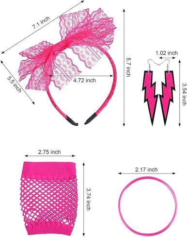 إكسسوارات فستان فاخر للنساء من 80 ثانية عصابة رأس من الدانتيل وأقراط نيون بدون أصابع شبكة قفازات قلادة من أجل أزياء ريترو 80s للحفلات مجموعة أزياء السيدات والفتيات in Kuwait