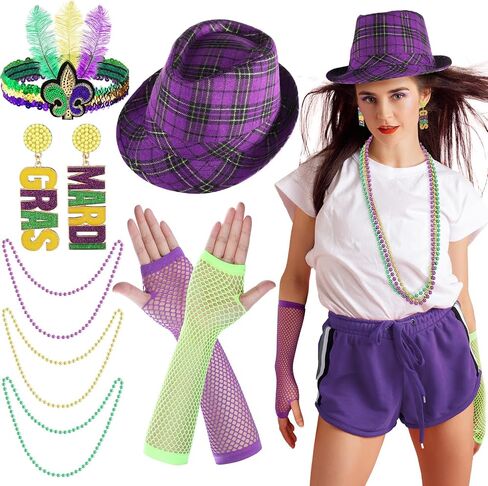 Hicarer 7 Pcs Mardi Gras Costume Accessories Set for Women Girls Mardi Gras Outfits Purple Hat Bead Necklaces Earrings Gloves Feather Headband in Kuwait