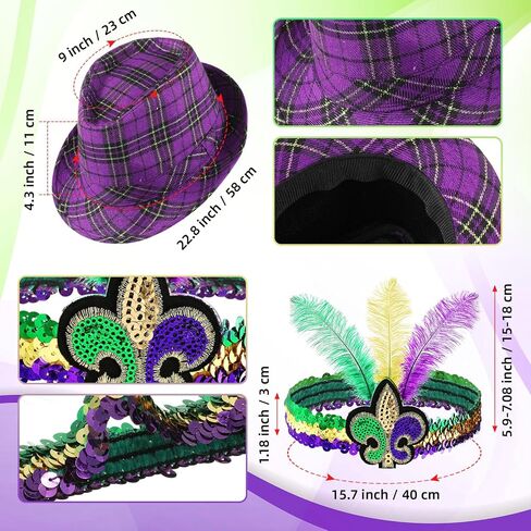 Hicarer 7 Pcs Mardi Gras Costume Accessories Set for Women Girls Mardi Gras Outfits Purple Hat Bead Necklaces Earrings Gloves Feather Headband in Kuwait