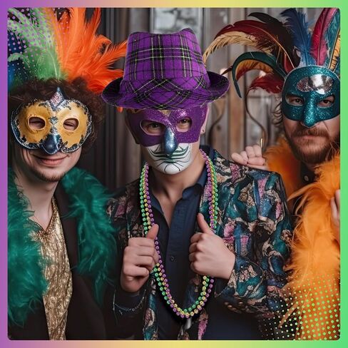 Hicarer 7 Pcs Mardi Gras Costume Accessories Set for Women Girls Mardi Gras Outfits Purple Hat Bead Necklaces Earrings Gloves Feather Headband in Kuwait