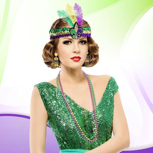 Hicarer 7 Pcs Mardi Gras Costume Accessories Set for Women Girls Mardi Gras Outfits Purple Hat Bead Necklaces Earrings Gloves Feather Headband in Kuwait