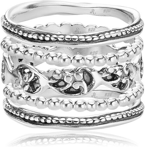 مجموعة JEAN RACHEL JEWELRY مكونة من خمسة خواتم من الفضة الإسترلينية عيار 925 وخواتم من الفضة المطلية بالذهب عيار 14 قيراط ومقعر ومزخرف بالدانتيل، مؤكسدة، مظهر عتيق أنيق لا يسبب الحساسية، وخالي من النيكل والرصاص in Kuwait