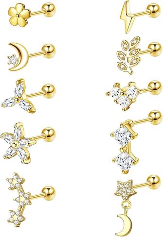 Magitaco 10 قطعة 18 جرام الغضروف أقراط الفولاذ المقاوم للصدأ القمر ستار زهرة الزنمة أقراط محارة اللولب ثقب المجوهرات للنساء in Kuwait