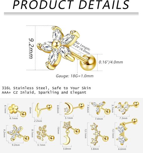 Magitaco 10 قطعة 18 جرام الغضروف أقراط الفولاذ المقاوم للصدأ القمر ستار زهرة الزنمة أقراط محارة اللولب ثقب المجوهرات للنساء in Kuwait
