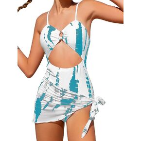 OYOANGLE Girl's 2 Piece Swimsuits Tie Dye Sleeveless Beachwear One Piece Cut Out Swimwear with Knot Side Beach Skirt