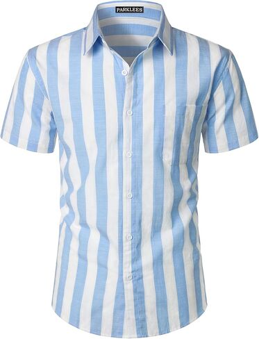 PARKLEES Men's Summer Casual Cotton Linen Striped Shirt Button Down Short Sleeve Shirts in Saudi Arabia