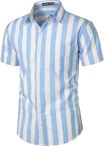 PARKLEES Men's Summer Casual Cotton Linen Striped Shirt Button Down Short Sleeve Shirts in Saudi Arabia