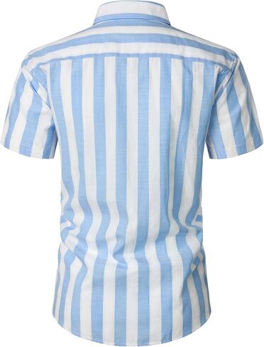 PARKLEES Men's Summer Casual Cotton Linen Striped Shirt Button Down Short Sleeve Shirts in Saudi Arabia