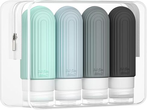 Morfone Travel Bottles for Toiletries, 4 Pack 3oz Travel Size Containers, Tsa Approved BPA Free Leak Proof Squeezable Silicone Bottle Travel Essentials Kits with Toiletry Bag for Shampoo Conditioner in Kuwait