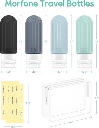 Morfone Travel Bottles for Toiletries, 4 Pack 3oz Travel Size Containers, Tsa Approved BPA Free Leak Proof Squeezable Silicone Bottle Travel Essentials Kits with Toiletry Bag for Shampoo Conditioner in Kuwait