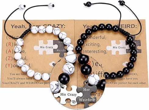 Top Plaza 2pcs Couple Bracelets Healing Crystal Black Agate White Turquoise Bracelets for Couples Matching Heart Bracelet for Lover Him & Her Boyfriend Girlfriend Valentine's Day Gifts in Kuwait