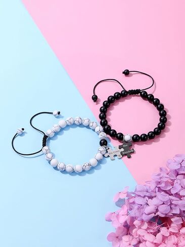 Top Plaza 2pcs Couple Bracelets Healing Crystal Black Agate White Turquoise Bracelets for Couples Matching Heart Bracelet for Lover Him & Her Boyfriend Girlfriend Valentine's Day Gifts in Kuwait