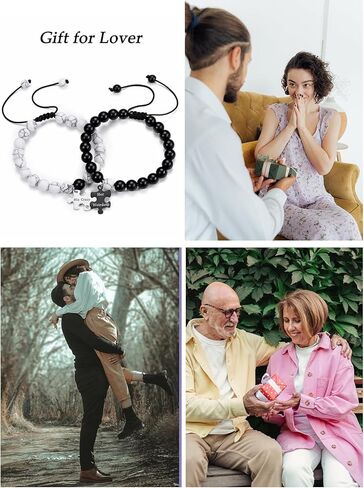 Top Plaza 2pcs Couple Bracelets Healing Crystal Black Agate White Turquoise Bracelets for Couples Matching Heart Bracelet for Lover Him & Her Boyfriend Girlfriend Valentine's Day Gifts in Kuwait