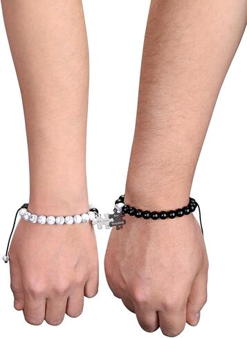Top Plaza 2pcs Couple Bracelets Healing Crystal Black Agate White Turquoise Bracelets for Couples Matching Heart Bracelet for Lover Him & Her Boyfriend Girlfriend Valentine's Day Gifts in Kuwait