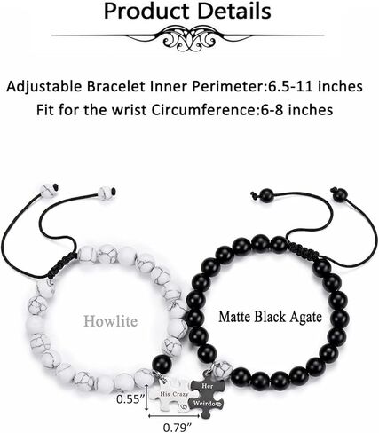 Top Plaza 2pcs Couple Bracelets Healing Crystal Black Agate White Turquoise Bracelets for Couples Matching Heart Bracelet for Lover Him & Her Boyfriend Girlfriend Valentine's Day Gifts in Kuwait
