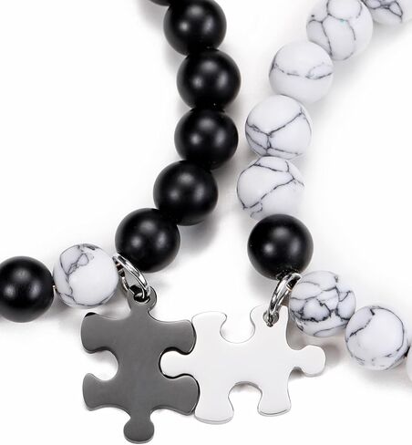 Top Plaza 2pcs Couple Bracelets Healing Crystal Black Agate White Turquoise Bracelets for Couples Matching Heart Bracelet for Lover Him & Her Boyfriend Girlfriend Valentine's Day Gifts in Kuwait