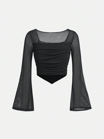 Floerns Girls Bell Long Sleeve Square Neck Asymmetrical Hem Solid Tee Shirt in Saudi Arabia