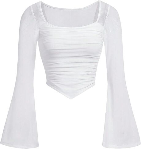 Floerns Girls Bell Long Sleeve Square Neck Asymmetrical Hem Solid Tee Shirt in Saudi Arabia