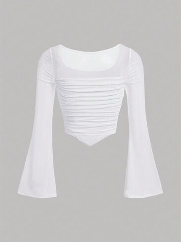 Floerns Girls Bell Long Sleeve Square Neck Asymmetrical Hem Solid Tee Shirt in Saudi Arabia