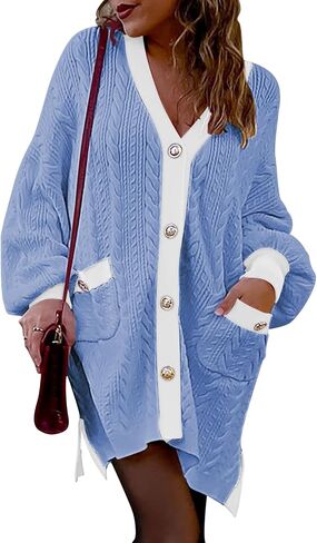 Pink Queen 2023 Fall Cardigan for Women Long Sleeve Colorblock Cable Knit Oversized Cardigans Sweater Dress with Pockets in Saudi Arabia